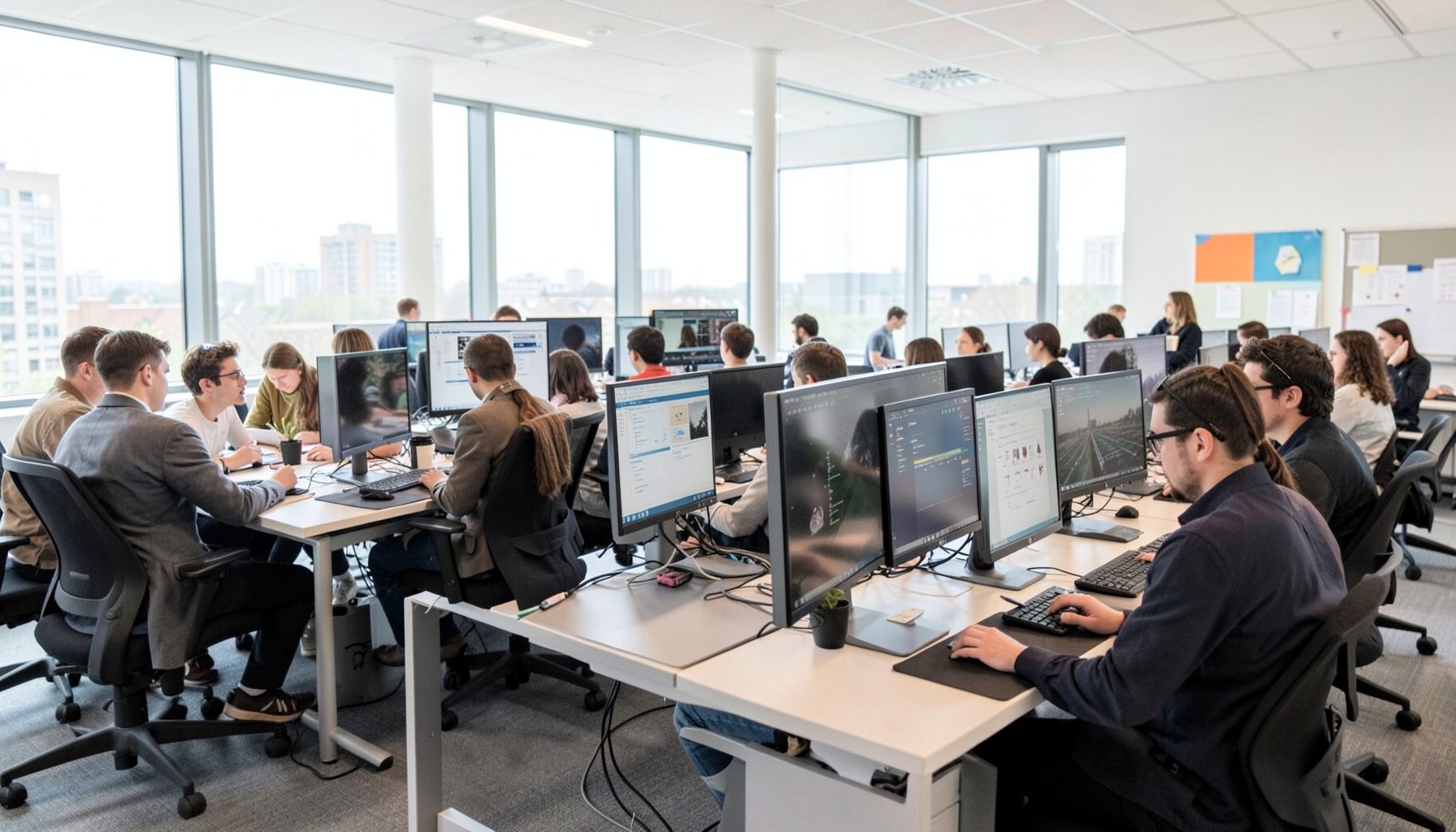 Moderner Computerraum mit mehreren Bildschirmen, Studierende an Arbeitsplätzen, helles Tageslicht durch große Fenster