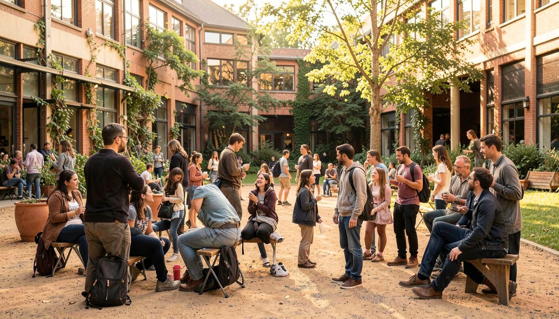 Belebter Campus-Innenhof mit Studierenden in lebhaften Gesprächen, warmes Nachmittagslicht, entspannte Stimmung in Grünanlagen