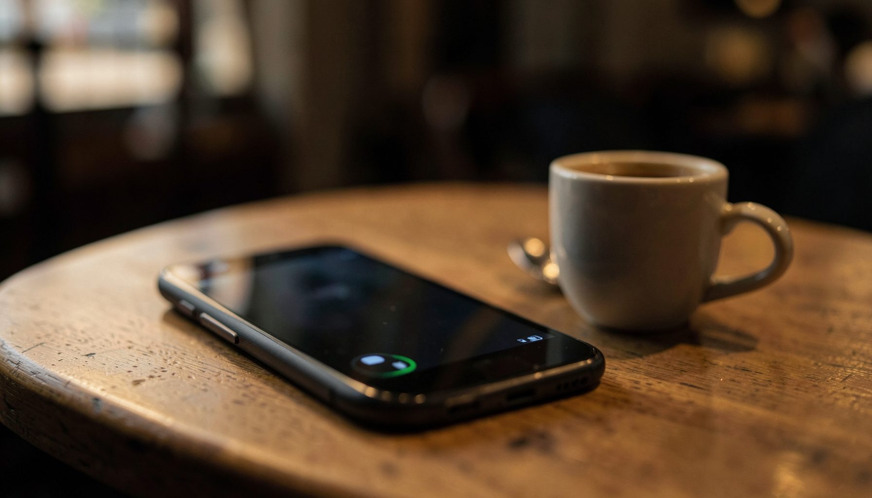 Nahaufnahme eines Smartphones auf einem Café-Tisch, daneben eine Kaffeetasse, gedämpftes Licht und warme Brauntöne