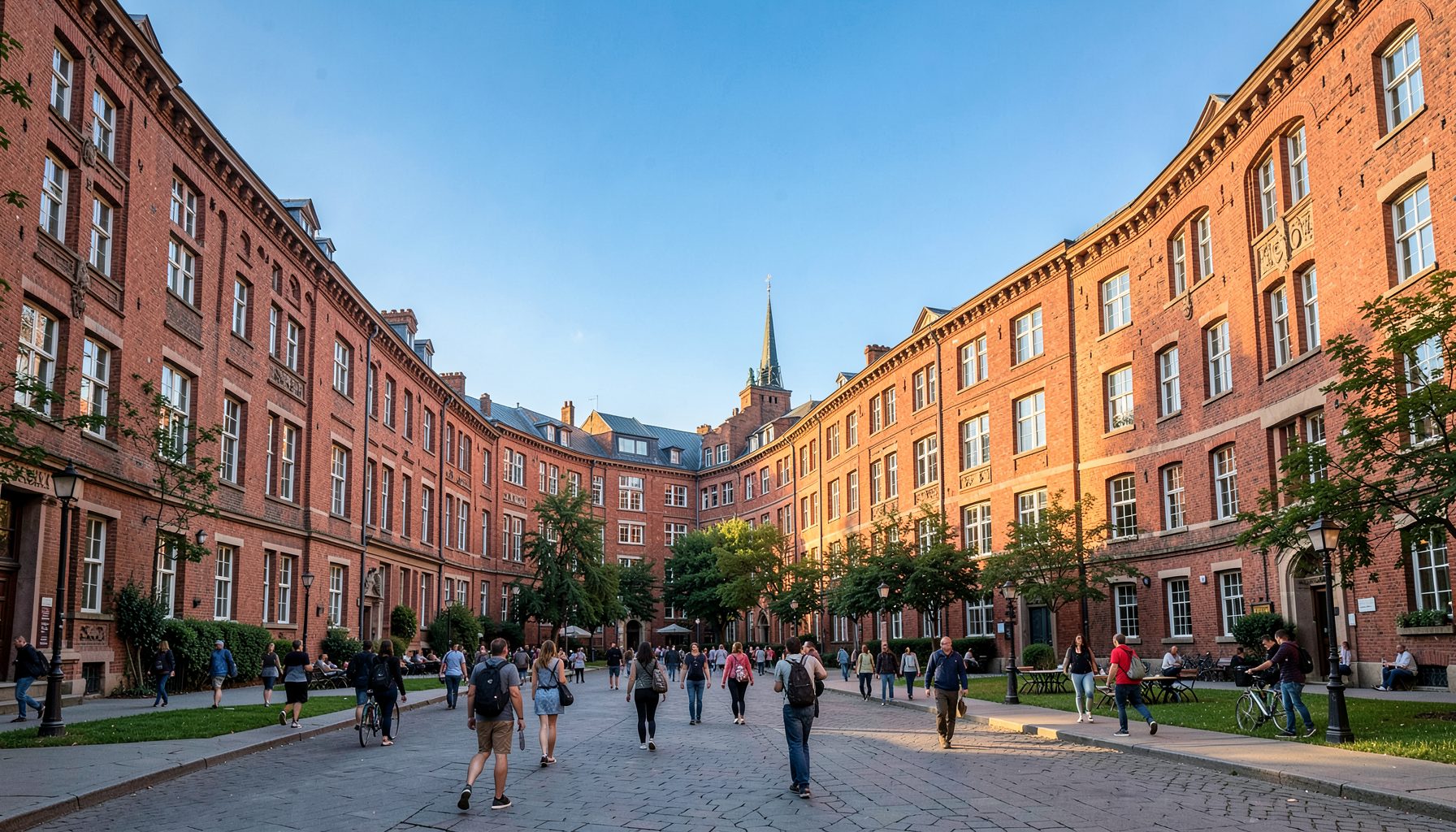 Weitläufiger Campus mit roten Backsteingebäuden unter blauem Himmel, warmes Nachmittagslicht, Studierende auf Gehwegen