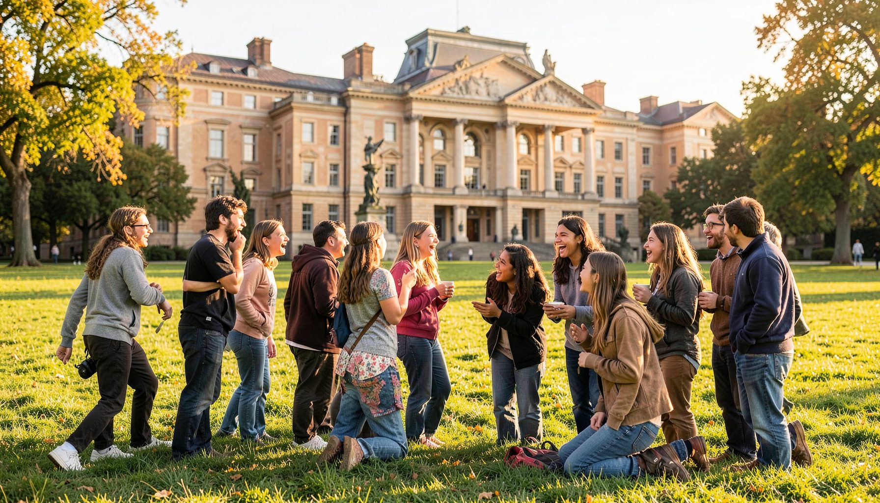 Gruppe Studierender auf einer Wiese vor einem Universitätsgebäude, lachend und diskutierend, sonnige Atmosphäre mit warmen Farbtönen