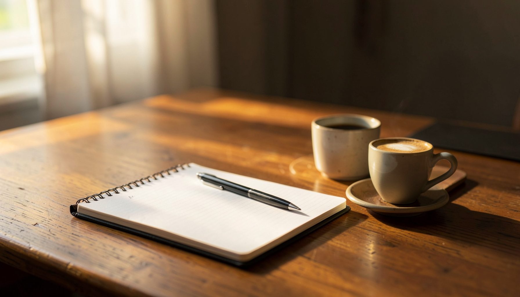 Schreibtisch mit Notizbuch, Stift und einer Tasse Kaffee, warmes natürliches Licht von der Seite, ruhige produktive Atmosphäre