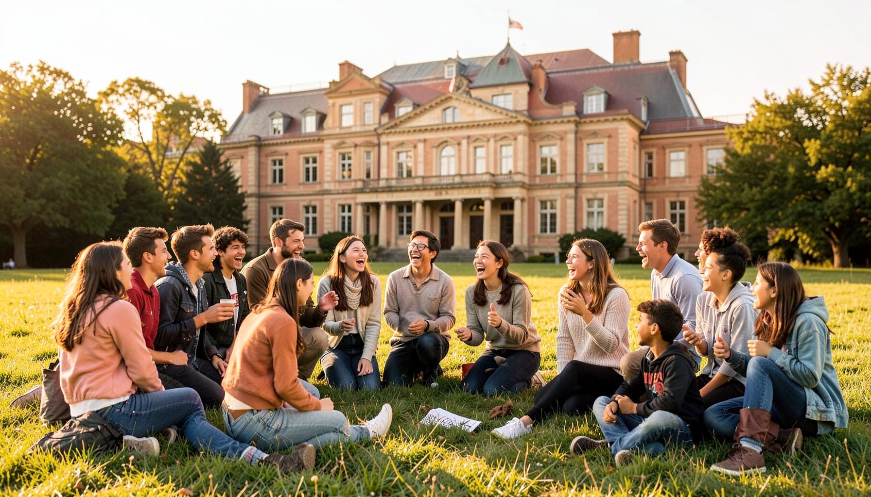 Gruppe Studierender auf einer Wiese vor einem Universitätsgebäude, lachend und diskutierend, sonnige Atmosphäre mit warmen Farbtönen