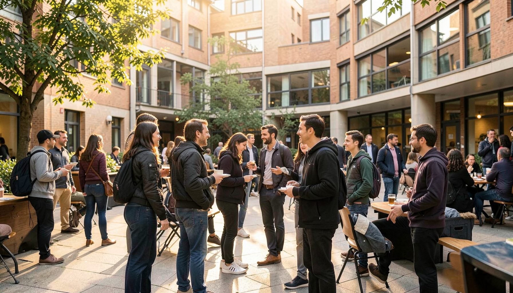 Belebter Campus-Innenhof mit Studierenden in lebhaften Gesprächen, warmes Nachmittagslicht, entspannte Stimmung